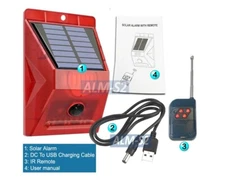 Solar-Powered Motion Alarm W/ IR Remote  110dB Loud Siren Flashing Strobe Light
