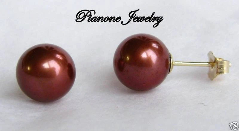 14k Yellow Gold Chocolate Pearl Earring Studs 7-7.5mm Round AAA Quality - Image 3 of 4