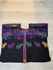 Vintage Guatemalan Huipil Poncho Woven Stripes Embroidered Animals