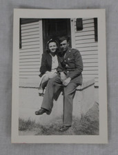 Vintage 1940 B W Snapshot Photo Army Soldier Woman Couple Porch Original Print