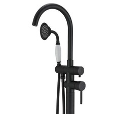 BWE 2-Handle Floor Mount Roman Tub Faucet with Hand Shower in Matte Black