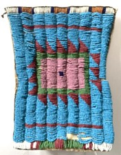 Antique PLAINS BLUE BEADED BAG on HIDE, c. 1890s - Cut Down Pipe Bag