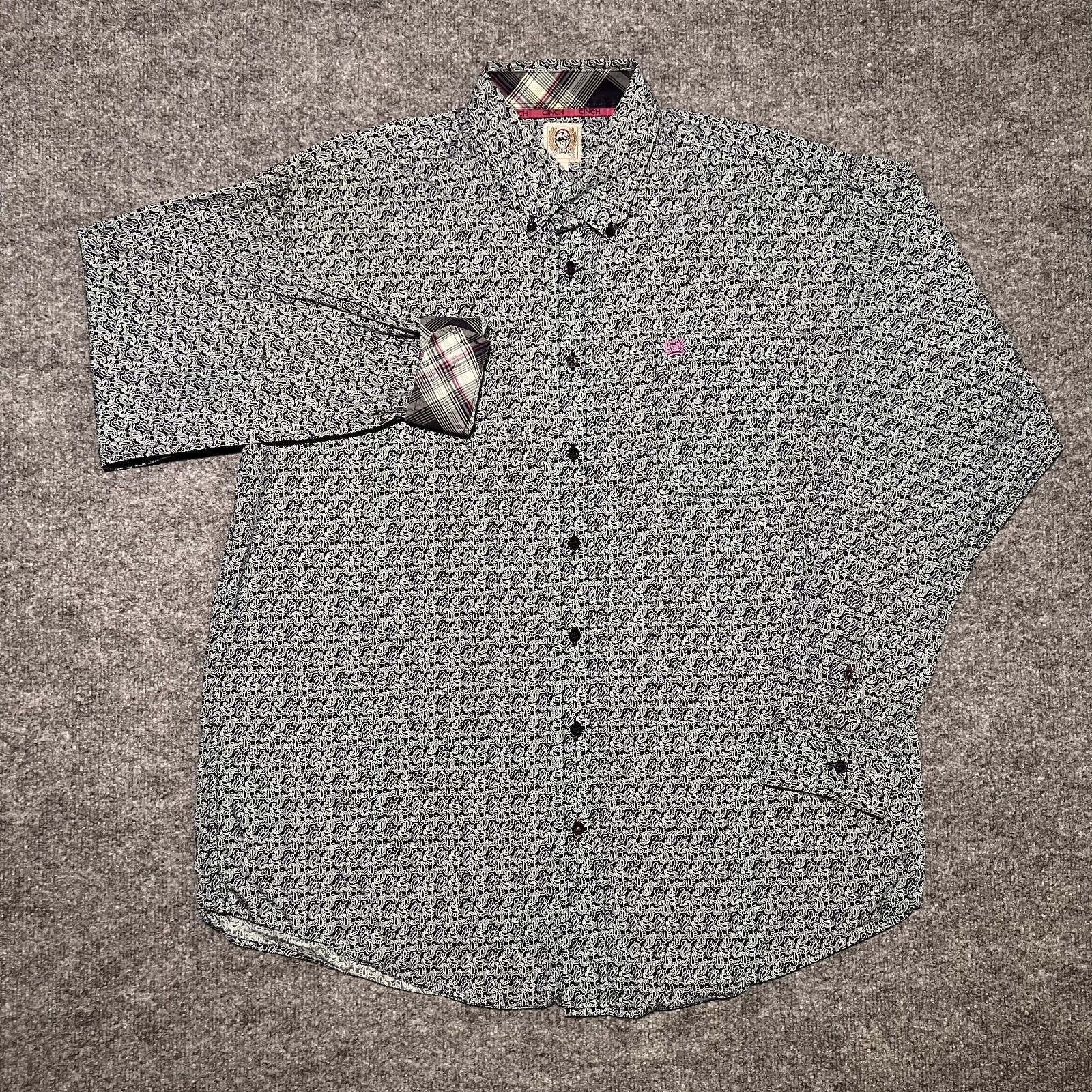 Cinch Button Down Long Sleeve Paisley Contrast Plaid Cuff Western Sz Large