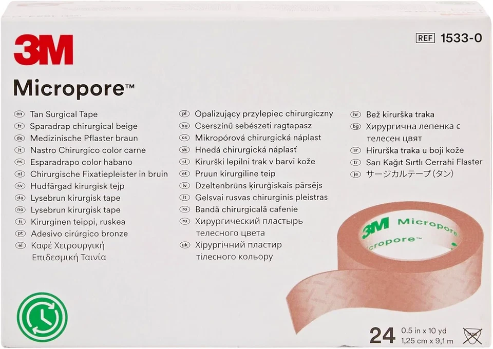 3M Micropore Surgical Tape Hypoallergenic Tan 1.25cm .1m Pack of 12