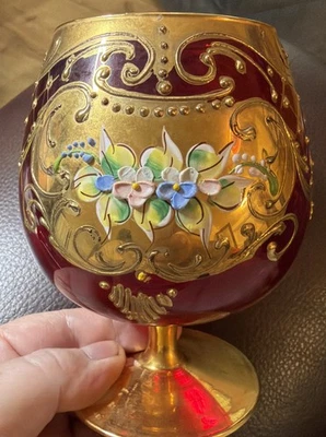 Vintage Bohemian or Murano Ruby Red & Gilt Brandy Glass ~Raised Enamel Flowers - Image 1 of 4