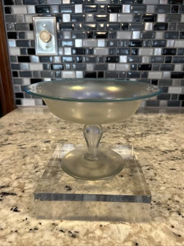 CARDER STEUBEN Antique VERRE DE SOIE w/ teal  LIP WRAP Compote Candy Dish