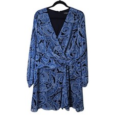 Lauren Ralph Lauren Black Label Blue Paisley Print Mini Dress Chiffon Zip 16