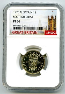 Gran Bretaña 1970 1 chelín (12 peniques) NGC PF66 prueba escudo escocés el año pasado
