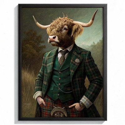 Highlandkuh im karierten Anzug Kunstdruck anthropomorphe Tierkunst Kuh im Kilt