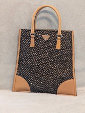 Prada Vintage Tweed Tote Bag Brown Tan Leather Italy