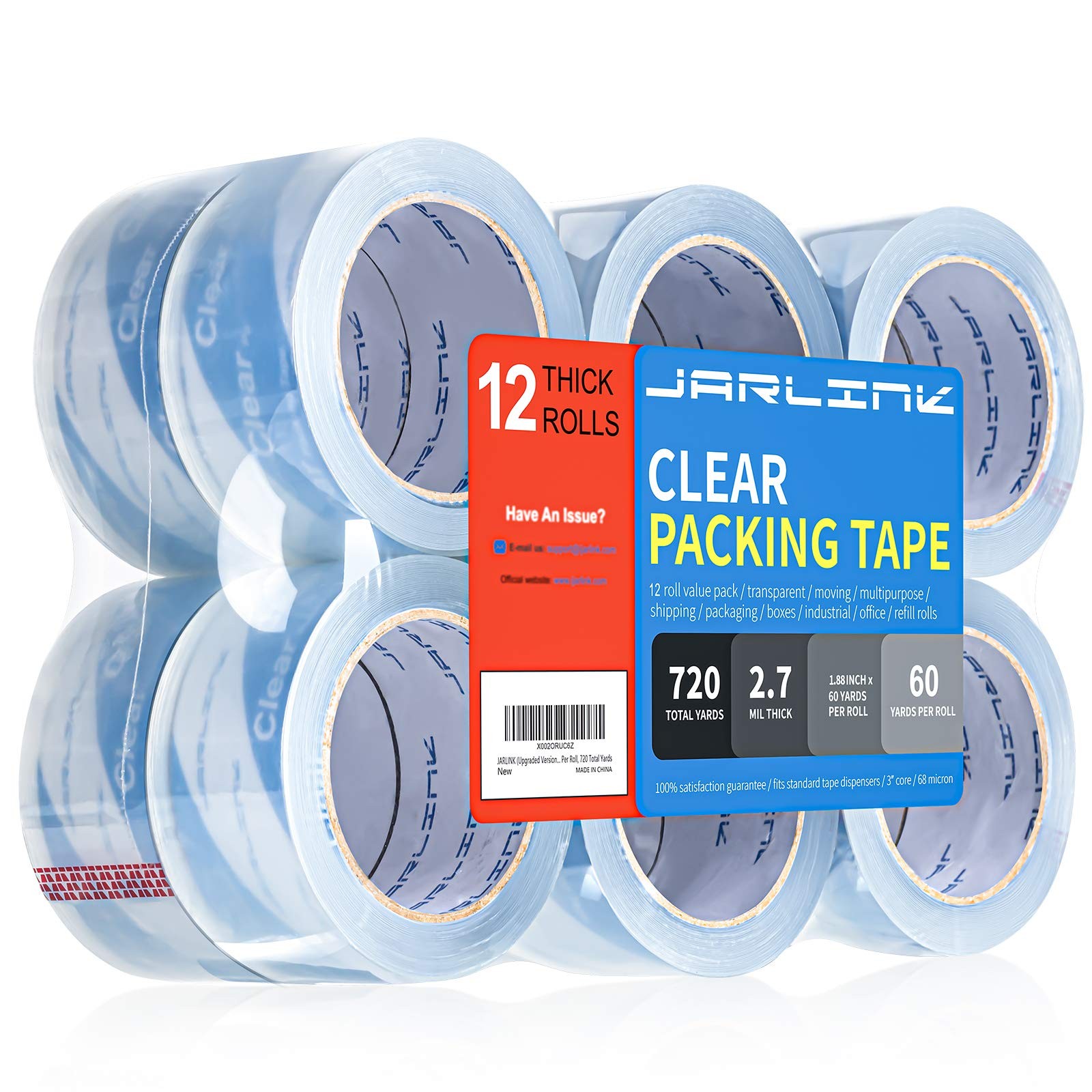 JARLINK Clearer Packing Tape 12 Rolls, 1.88in x 60yd, 2.7mil Thickness, Clear