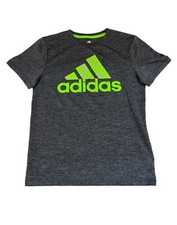 Adidas Shirt Youth Small Dark Gray, Neon Green Logo 100 Polyester EUC
