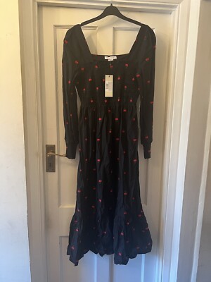 New NEVER FULLY DRESSED Black & Cherry Shirred Smocked Front Midi Dress,UK  12 | eBay UK