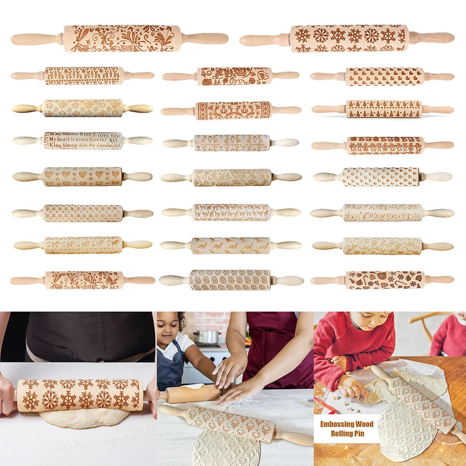 Christmas Wooden Embossing Rolling Pin Engraved Baking Cookies Cake Roller Tool - Image 2 of 4