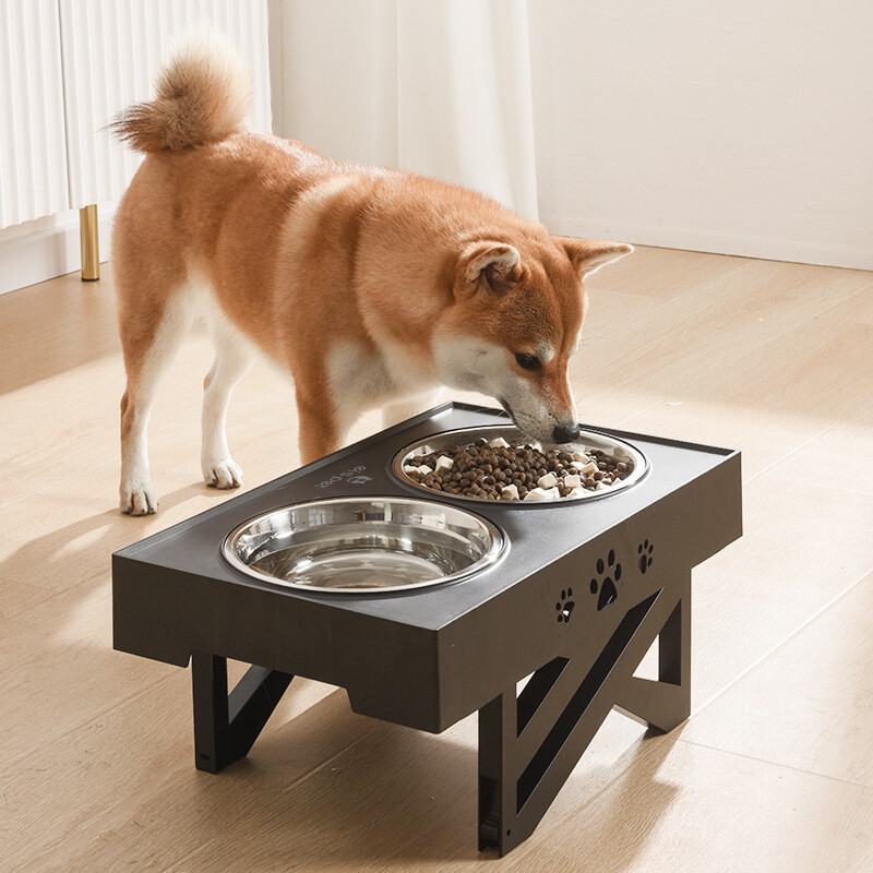 Black Adjustable Elevated Dog Bowls Stainless Steel Double Bowls Raised