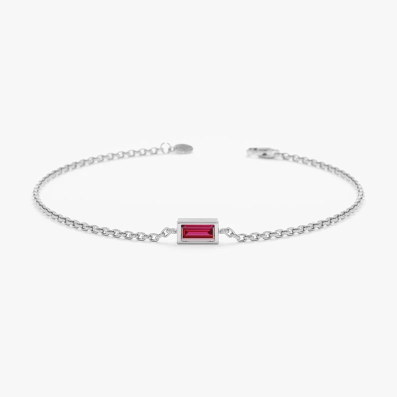 Red Ruby Baguette Solitaire Bracelet For Men & Women In 925 Sterling Silver - Image 4 of 4