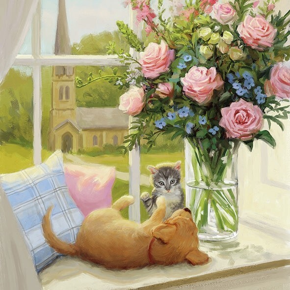 4 x Paper Napkins/3Ply/33cm/Decoupage/Kitten/Puppy/Playing in the Sun