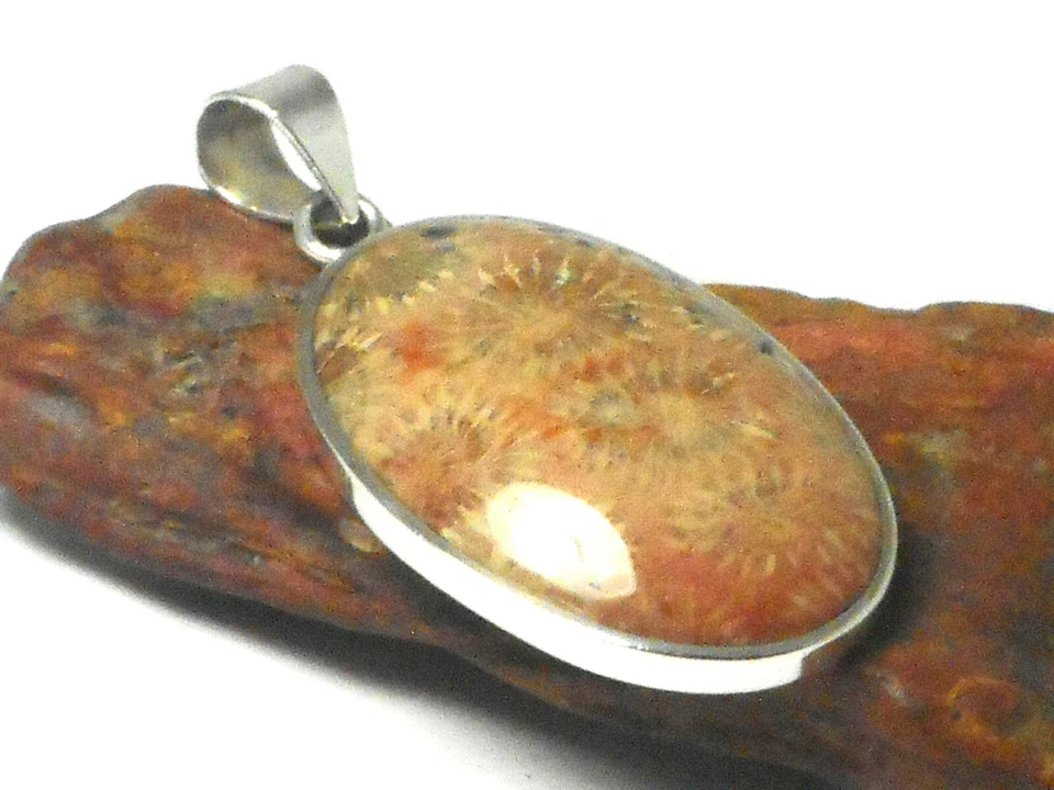 Large Oval Fossilized  CORAL  Sterling  Silver  925  Gemstone  Pendant - Image 3 of 4