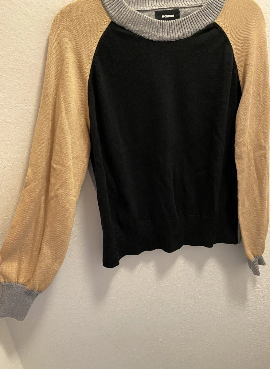 Monrow Black Tan Color Block Mock Neck Balloon Sleeve Sweater
