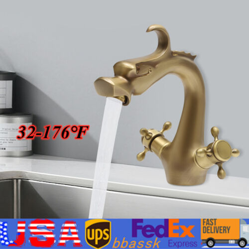 Dragon Shaped Gold Bathroom Sink Mixer Tap Two-Handle Dual Hot Cold Water Faucet