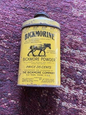 Antique 1920 s Era Bickmorine Bickmore Powder Tin Old Town, ME  (Horse & Cattle)