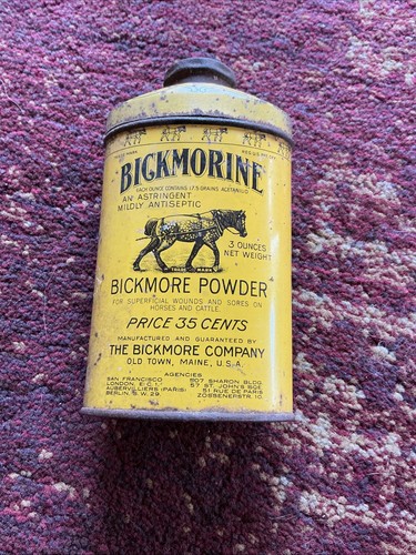 Antique 1920’s Era Bickmorine Bickmore Powder Tin Old Town, ME (Horse & Cattle)