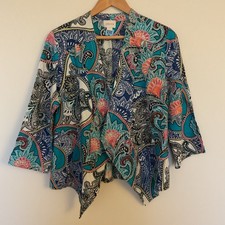 CHICO'S Artistic Paisley Linen Drape Jacket Sz 1 US M Blue 3/4 Sleeve Coastal