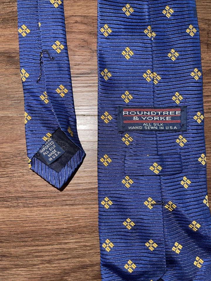 Roundtree & Yorke 领带男式蓝色黄色丝绸手工缝制美国制造几何图案 — 第 2/3 张图片