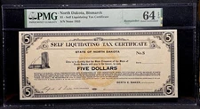 1933 NORTH DAKOTA Bismarck, Depression-Era Self Liquidating Tax Certificate, PMG