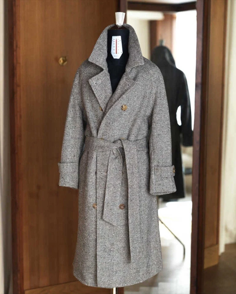 Herringbone Men Tweed Overcoat Trench Coat with Belt Double Breasted Long Coat - Image 2 of 4