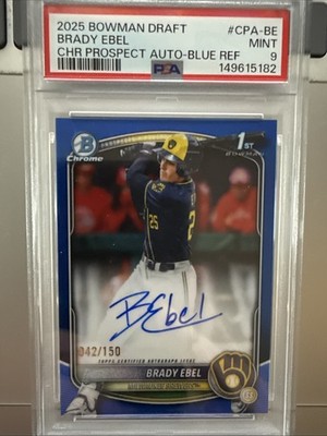 2025 Bowman Draft Brady Ebel Chrome Auto Blue Refractor /150 PSA 9