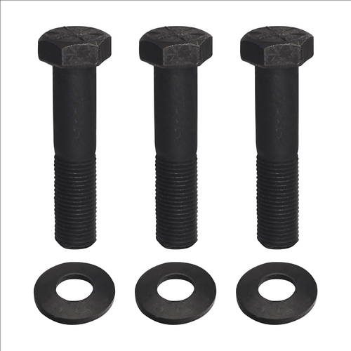 Three black Blade bolts 109-9220 with matching nuts, washers, and spacers for Exmark Lazer Z turf tracer.