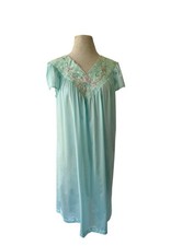 Vtg 80s Vanity Fair Aqua Blue Nightgown Sz S Floral Lace Flutter Sleeve USA Made