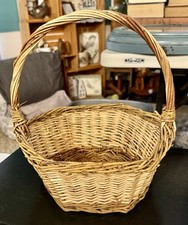 Vtg Hexagon Handled Woven Basket Splint Wicker Green Woven Stripes Lovely Easter