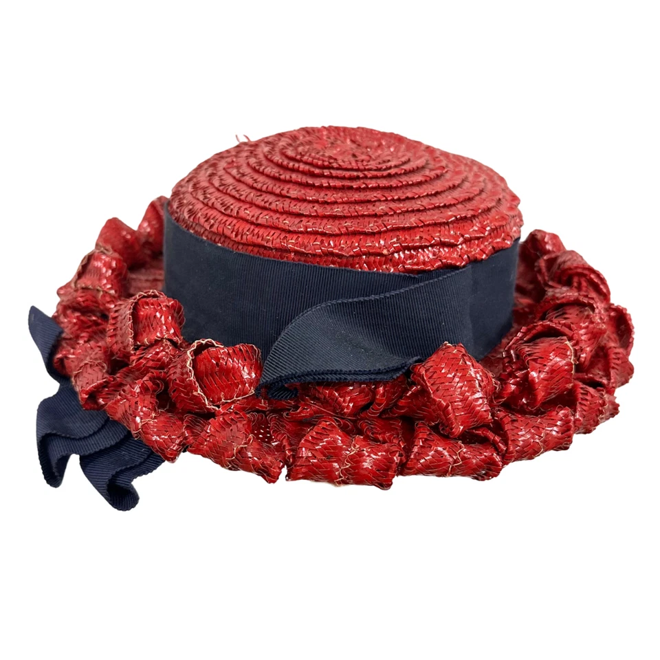 De colección 1930 Rickie Original por Berkley Rojo Tejido Rafia Azul Marino Cinta Sombrero Foto 2 de 4