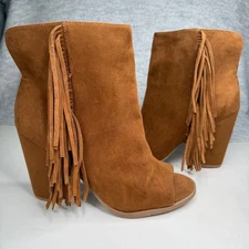 DV Dolce Vita Size 8.5 Leather Suede Fringe Peep Toe Wedge Booties Brown Women's