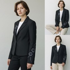 CACHE Floral Beaded Embroidered Blazer Jacket 8 Single Button Long Sleeve Notch