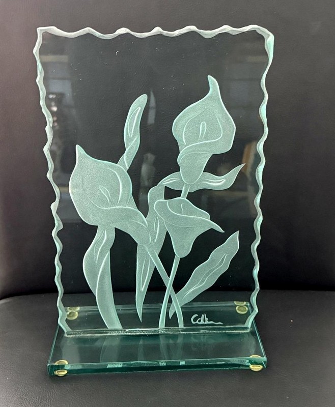 Signed Sandblasted Heavy Art Glass Calla Lily Sculpture Panel Freestanding