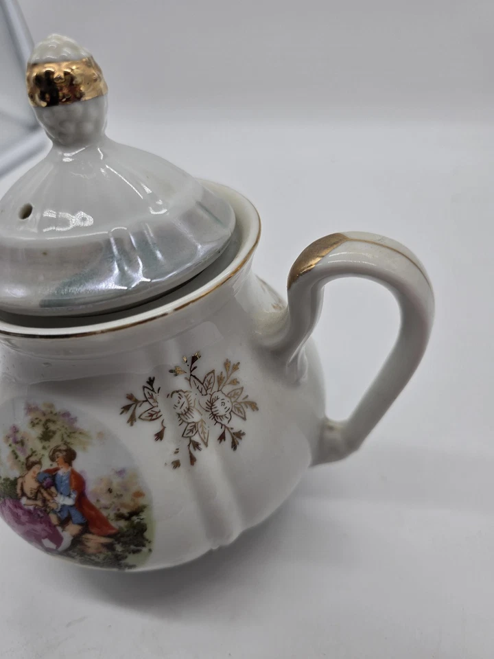 Vintage Lusterware Porcelain Teapot with Lid Gold Gilt Courting Couple Decor - Image 4 of 4