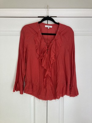 IRO Womens Ruffled Lace Up V Neck Finley Blouse Red Orange Size EUR 38 US 6