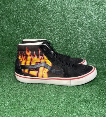 Vans X Thrasher Men s 9.5 Sk8 Hi Pro Black Flames AOP All Over Print Skate Shoes