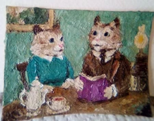 Aceo original ragdoll cats reading miniature vegan oil painting #4401