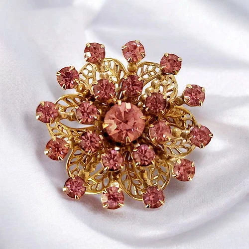 VTG 1950s Rhinestone Brooch Pink Floral Gold Tone Starburst Pin Costume Jewelry