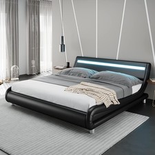 Queen Size LED Platform Bed Frame with Adjustable Headboard Faux Leather