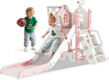 6 in 1 Toddler Slide for Toddlers Aged 1-3 Indoor Playset Pink Gray