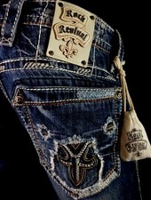  220 Mens Rock Revival Jeans "Destroyed Volcano Stitch" Leather Straight 40 X 33