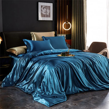 Solid Silk Bedding Set with Duvet Cover Bed Sheet Pillowcases Luxury Satin Singl