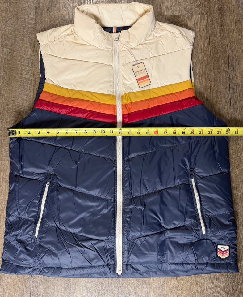 Marine Layer Archive Boreal Puffer Vest Navy Sunset Colorblock Chevron ...