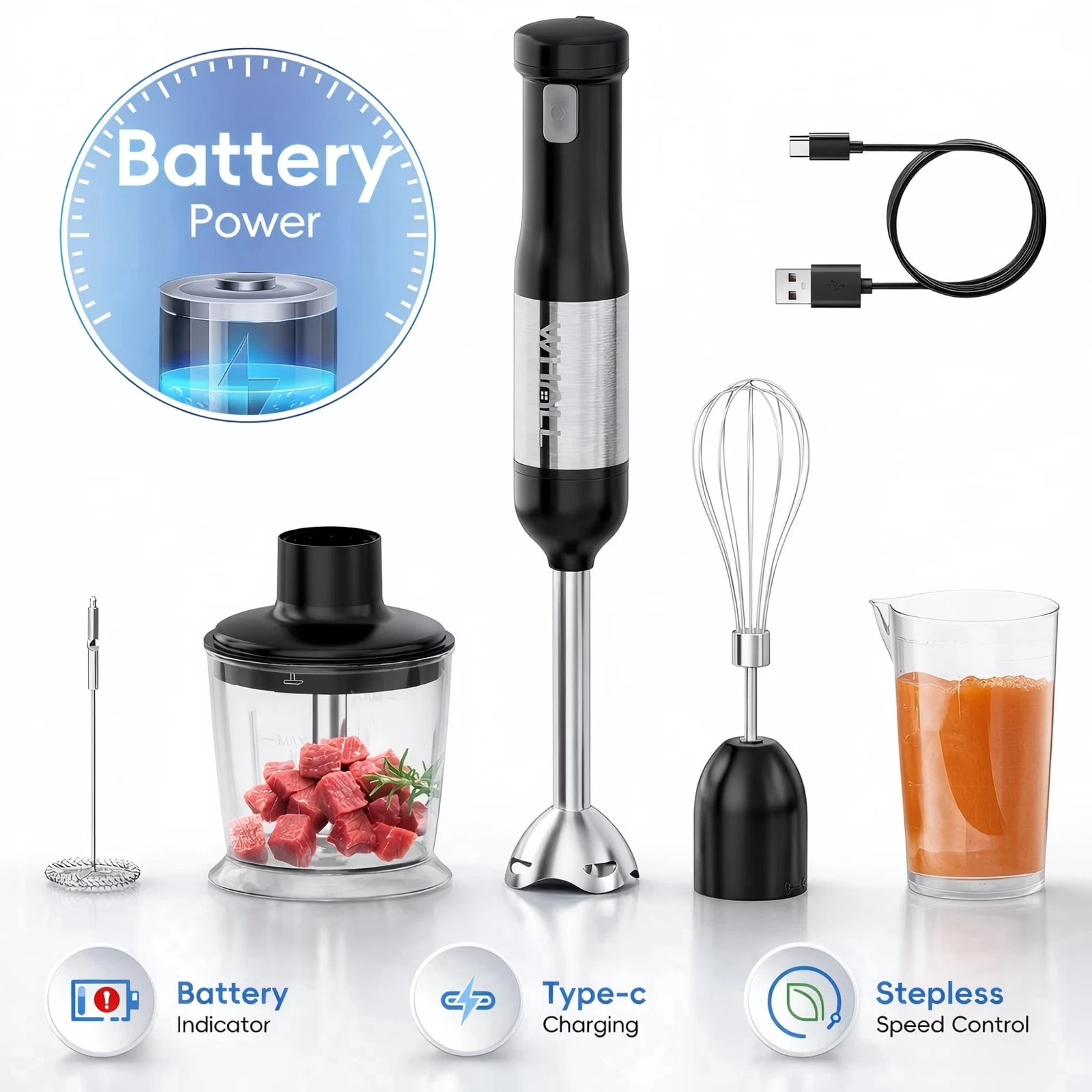 WHALL Cordless Immersion Blender, Rechargeable 5-in-1 Hand Blender with Whisk, M
Opens in a new wind