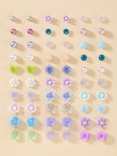 30 Pairs Multicolor Stud Earrings Set With Pearl Heart Flower Designs